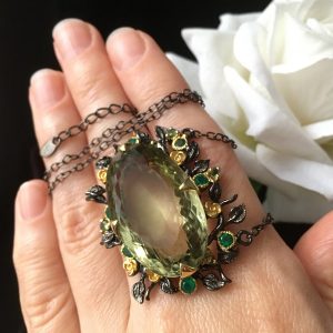 Ожерелье серебро природный зелёный аметист (празиолит) + оникс + хризолит