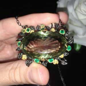 Ожерелье серебро природный зелёный аметист (празиолит) + оникс + хризолит