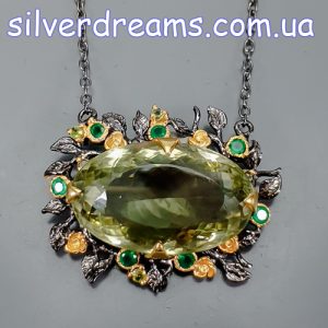 Ожерелье серебро природный зелёный аметист (празиолит)