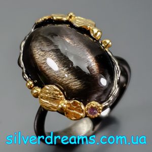 Кольцо серебро природный солнечный камень кошачий глаз