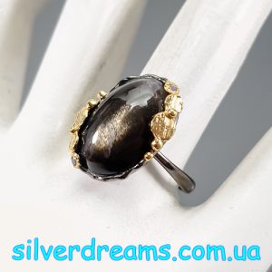 Кольцо серебро натуральный солнечный камень кошачий глаз