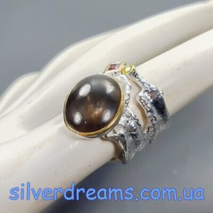 Кольцо серебро натуральный солнечный камень кошачий глаз