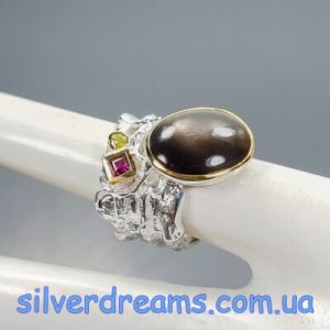 Кольцо серебро натуральный солнечный камень кошачий глаз