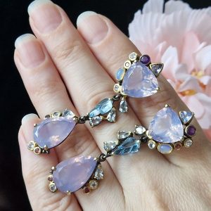 Серьги серебро природный лавандовый кварц + опал + топаз + танзанит
