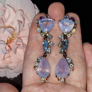 Серьги серебро натуральный лавандовый кварц + опал + топаз + танзанит