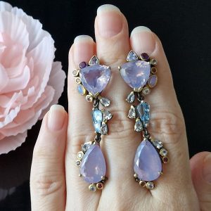 Серьги серебро натуральный лавандовый кварц + опал + топаз + танзанит