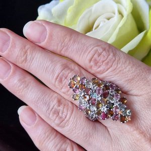 Кольцо серебро природный турмалин и родолит