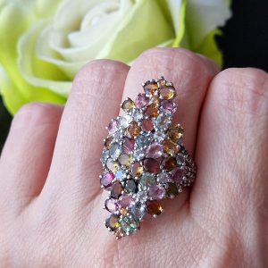 Кольцо серебро натуральный турмалин и родолит