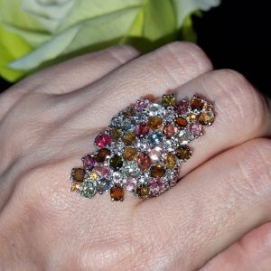 Кольцо серебро природный турмалин и родолит