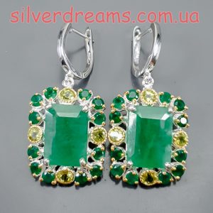 Серьги серебро природный зелёный берилл оникс хризолит