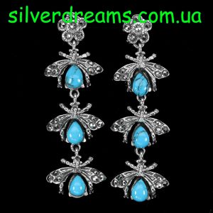 Серьги капельное серебро натуральная бирюза