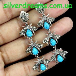 Серьги серебро природная бирюза и марказит
