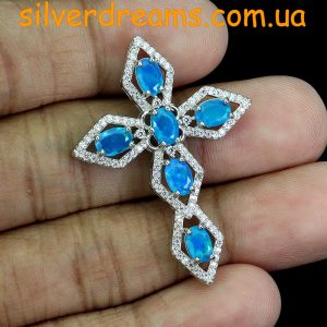 Крестик серебро природный голубой опал