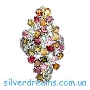 Кольцо серебро природный турмалин аквамарин родолит