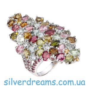 Кольцо серебро натуральный турмалин аквамарин родолит