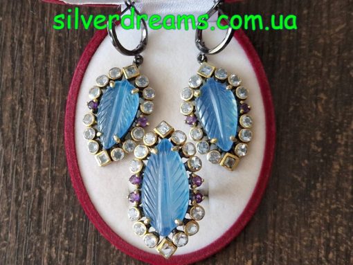 HANDMADE! Серебряный гарнитур (серьги+кольцо) Листья из резного аквамарина 60 кт + топаз + аметист — изображение 2