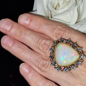Перстень серебро натуральный эфиопский опал + топаз + турмалин