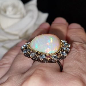 Кольцо серебро природный эфиопский опал + топаз + турмалин
