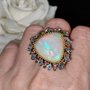 Перстень серебро натуральный огненный опал + топаз + турмалин