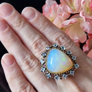 Кольцо серебро природный эфиопский опал + топаз + турмалин