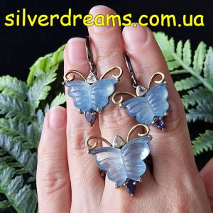 Комплект серьги + кольцо серебро натуральный аквамарин топаз иолит