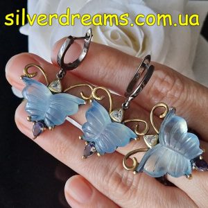 Набор серьги + кольцо серебро природный аквамарин топаз иолит