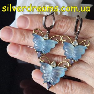 Комплект серебро природный аквамарин топаз иолит