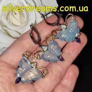 Гарнитур серебро натуральный аквамарин топаз иолит