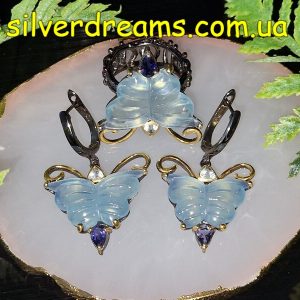 Alternative view of HANDMADE! Серебряный гарнитур (серьги+кольцо) Бабочки из резного Аквамарина 64 кт + Иолит + Топаз