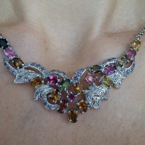 Колье серебро натуральный турмалин родолит танзанит