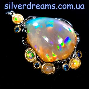 Кулон серебро природный радужный огненный опал