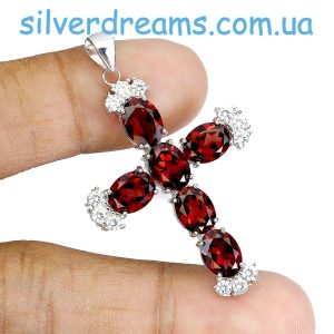 Подвес крестик серебро натуральный гранат