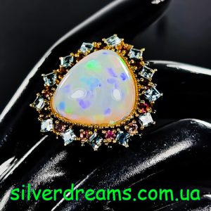 Кольцо серебро природный эфиопский опал топаз турмалин