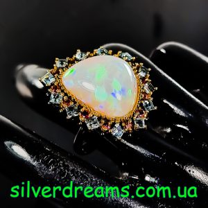 Кольцо серебро природный эфиопский опал топаз турмалин