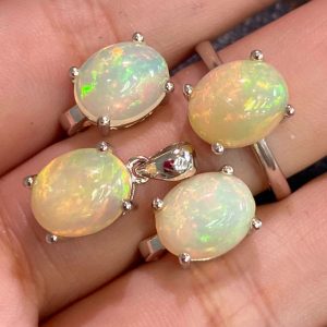 Набор серьги+подвес+кольцо серебро натуральный огненный опал