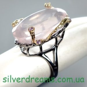Перстень серебро натуральный розовый кварц