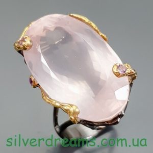 Кольцо серебро природный розовый кварц