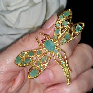 Брошь серебро натуральный изумруд и рубин