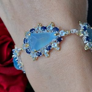 Браслет серебро натуральный аквамарин + топаз + сапфир