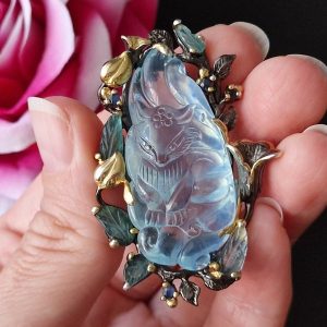 Кулон/брошь серебро природный аквамарин и турмалин