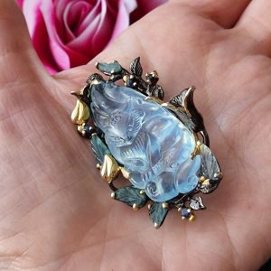 Брошь/подвес серебро натуральный аквамарин и турмалин