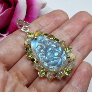 Подвес серебро натуральный лабрадорит + опал + хризолит + диопсид