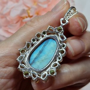 Кулон серебро природный лабрадорит + опал + хризолит + диопсид