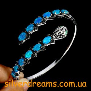 Браслет Змея серебро натуральный голубой опал + изумруд + шпинель