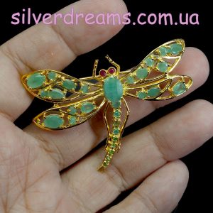 Брошь серебро натуральный изумруд и рубин