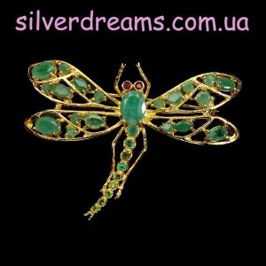 Брошь серебро природный изумруд и рубин