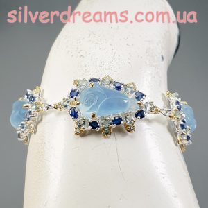 Браслет серебро природный аквамарин + сапфир + топаз