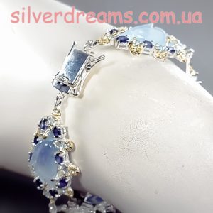 Браслет серебро натуральный аквамарин + сапфир + топаз