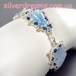 Alternative view of HANDMADE! Серебряный браслет Розы из резного аквамарина + топаз + сапфир