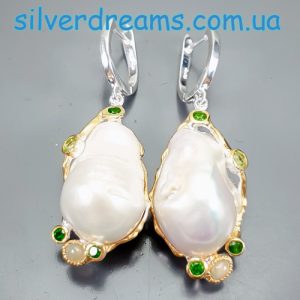 Серьги серебро природный жемчуг опал хризолит диопсид